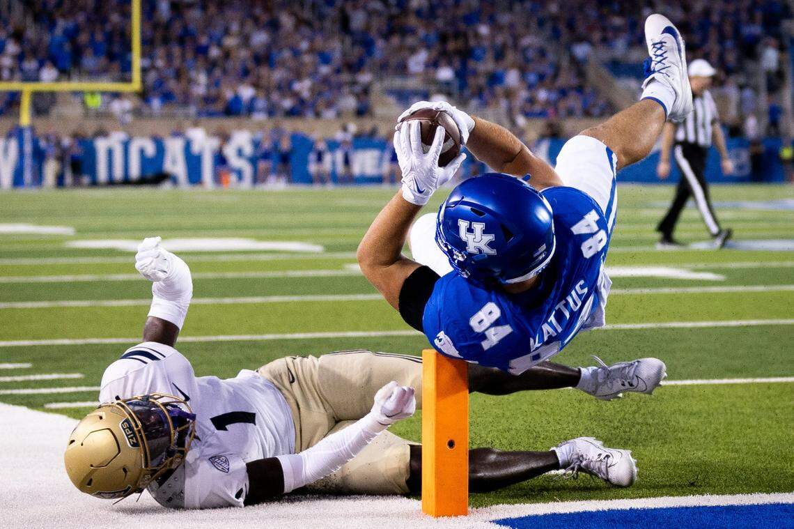 Kentucky tight end Josh Kattus (84) dives into the end zone for a touchdown during against Akron at Kroger Field on Saturday.