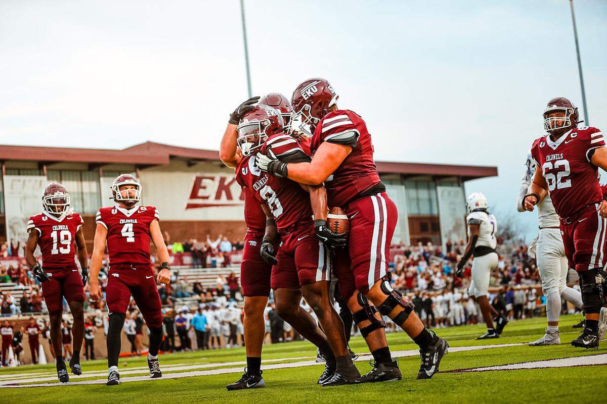 EKU running back Joshua Carter celebrates after scoring the winning touchdown against Central Arkansas during a game on Nov. 9, 2024 at Roy Kidd Stadium in Richmond, Kentucky.