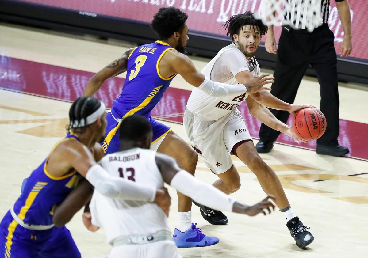 Morehead State forward James Baker (3) is the only senior in the Eagles’ starting lineup.