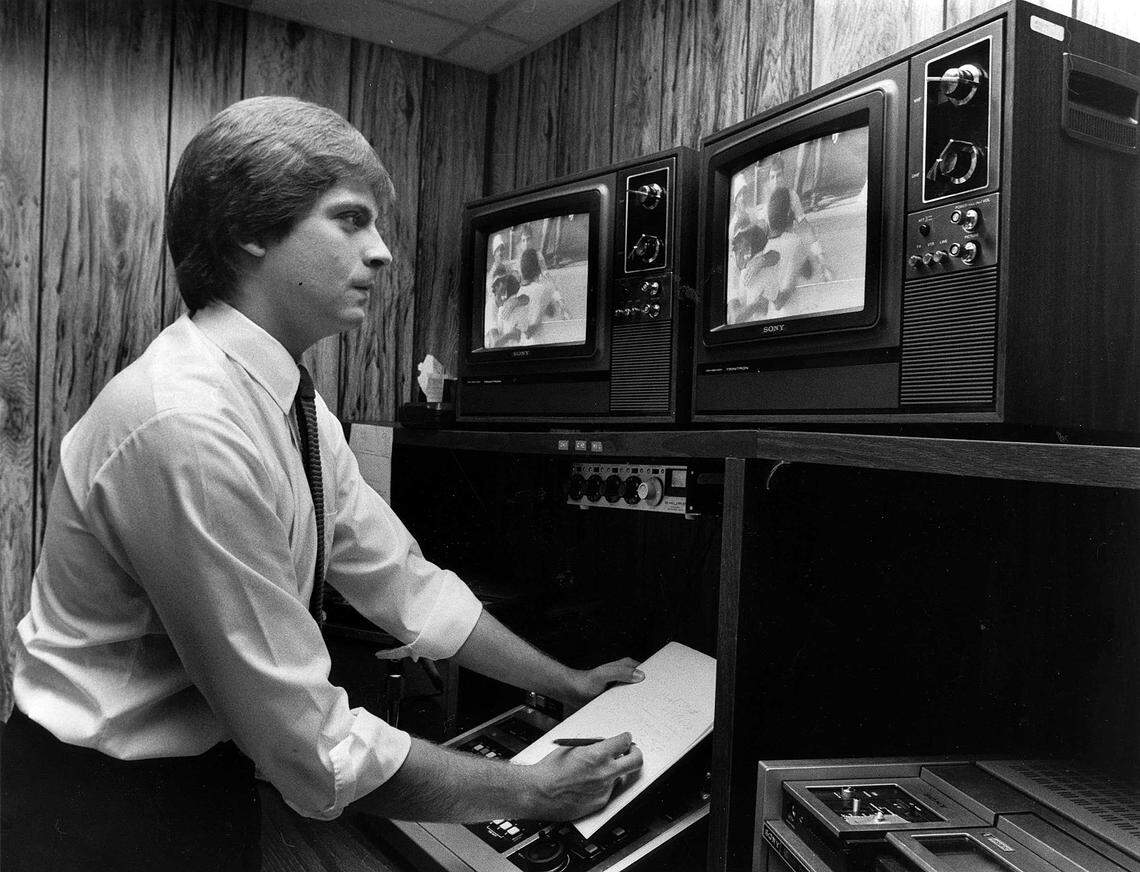 WTVQ-36 sportscaster Kenny Rice in the editing room, July 12, 1982. Rice, a native of Floyd County in Eastern Kentucky, became sports director at WTVQ after graduating from the University of Kentucky in 1980. He was there until 1999, when he went to NBC, where he since covered horse racing, including the Triple Crown races and the Breeders’ Cup. 