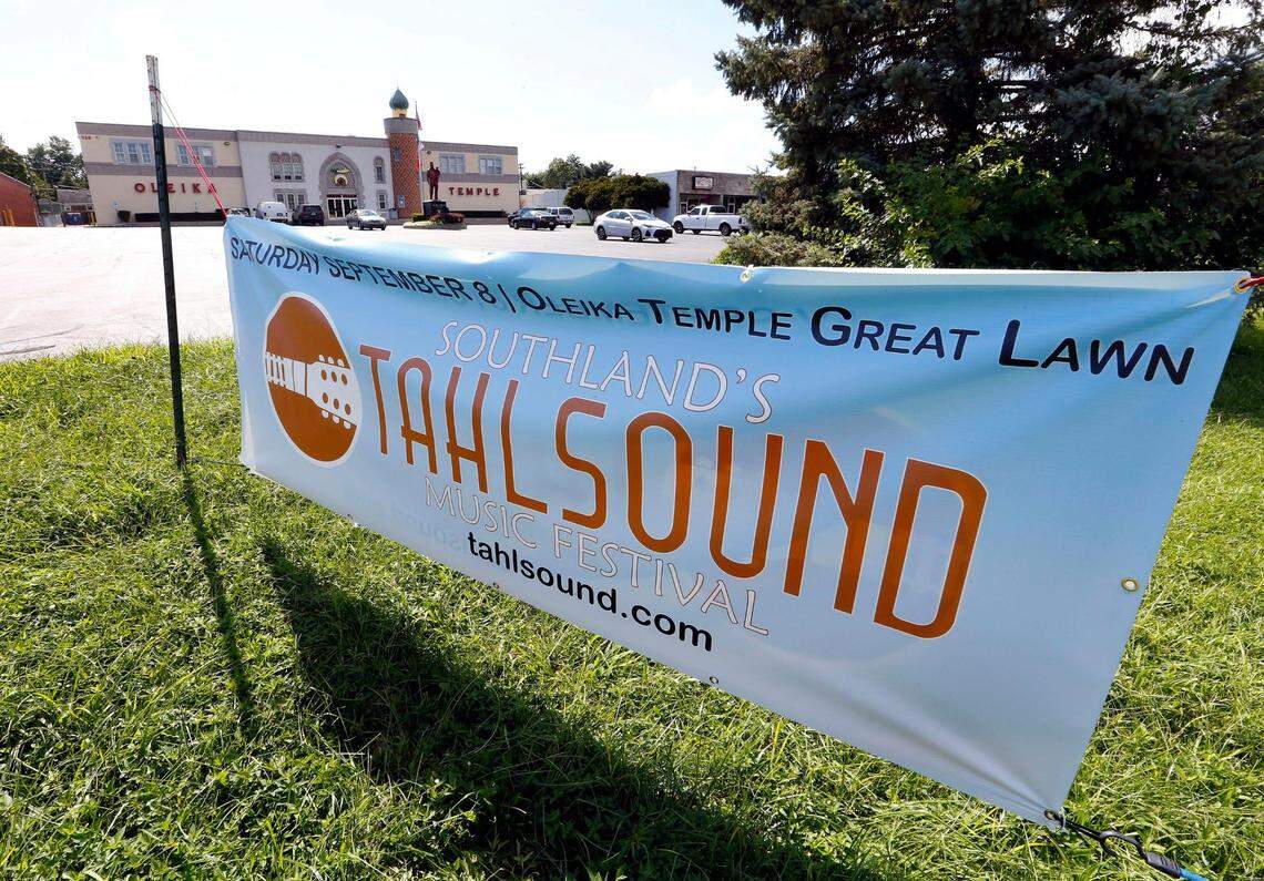 Sign for the TAHLSOUND Music Festival, on the Oleika Temple Great Lawn, 326 Southland Drive. The Great Lawn is located behind the Temple.