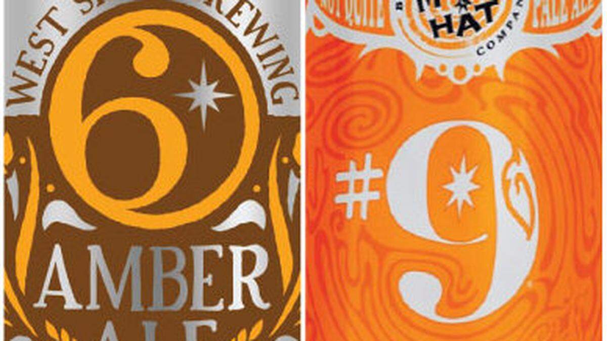 West Sixth Brewing's Amber Ale can design, left, and Magic Hat's #9 can design.