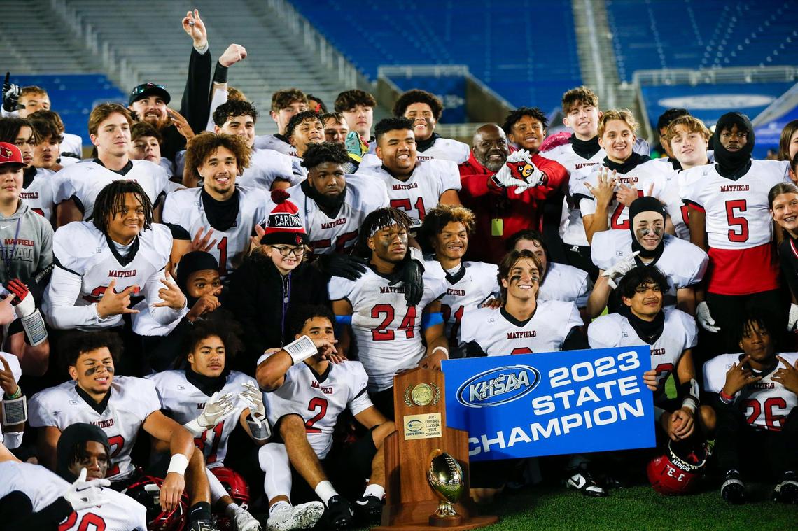 Mayfield celebrates defeating Owensboro Catholic to win the Class 2A state football championship at Kroger Field last fall.