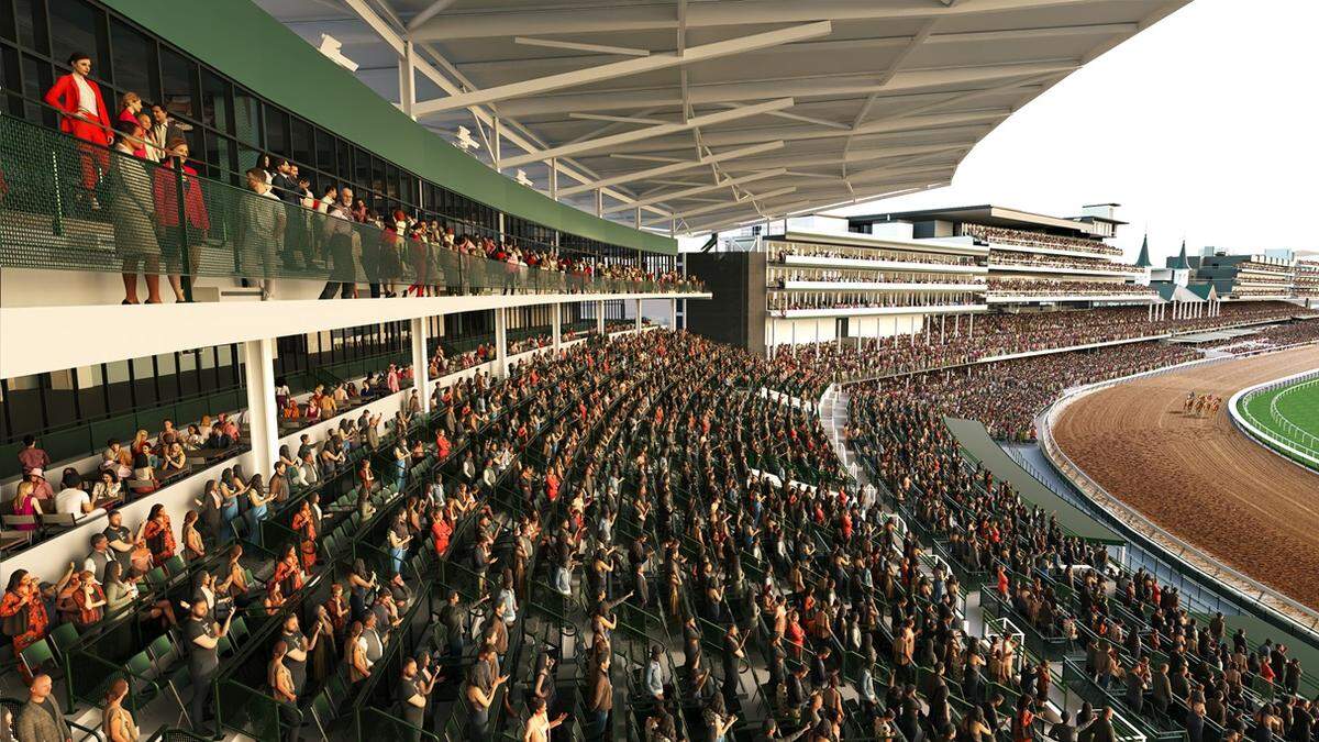 A rendering of the Victory Run project at Churchill Downs in Louisville, Ky., shows a section of covered seating as part of the renovation anticipated to be complete in time for the Kentucky Derby in 2028. 