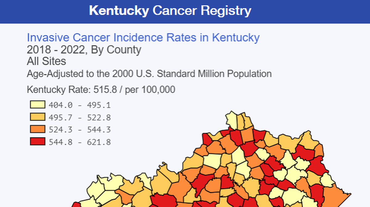A map from the Kentucky Cancer Registry showing the rate of cancer in each Kentucky county, using data from 2018-2022.