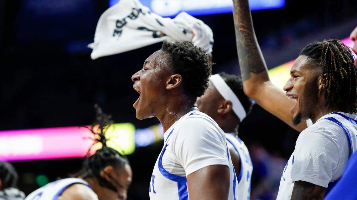 Kentucky guard Adou Thiero cheers on his teammates from the bench during UK’s victory over South Carolina State on Nov. 17. Thiero has seen action in four of Kentucky’s 11 games this season.