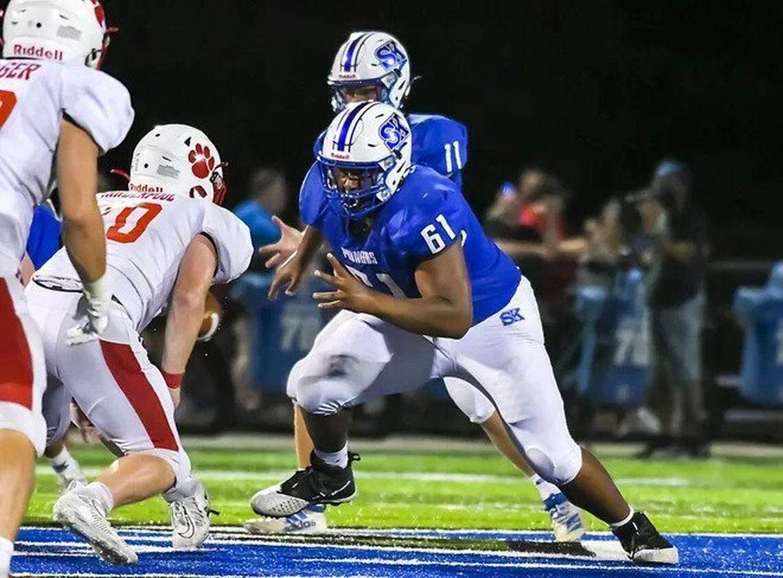 Former Simon Kenton standout Aba Selm (61) appears to have some chance of cracking the Kentucky offensive line rotation in 2024 as a true freshman. “He’s talented,” UK offensive line coach Eric Wolford said of Selm.
