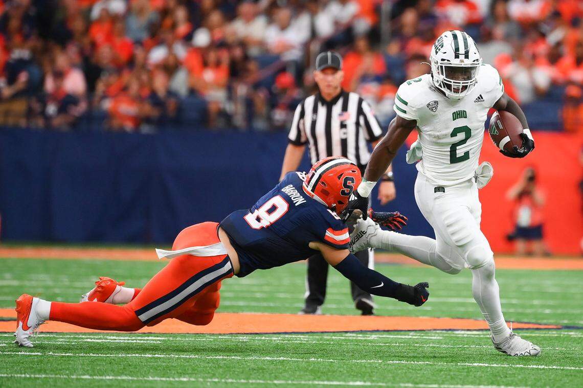 Ohio Bobcats running back Anthony Tyus III (2) is the seventh-leading rusher in the FBS with 367 yards.