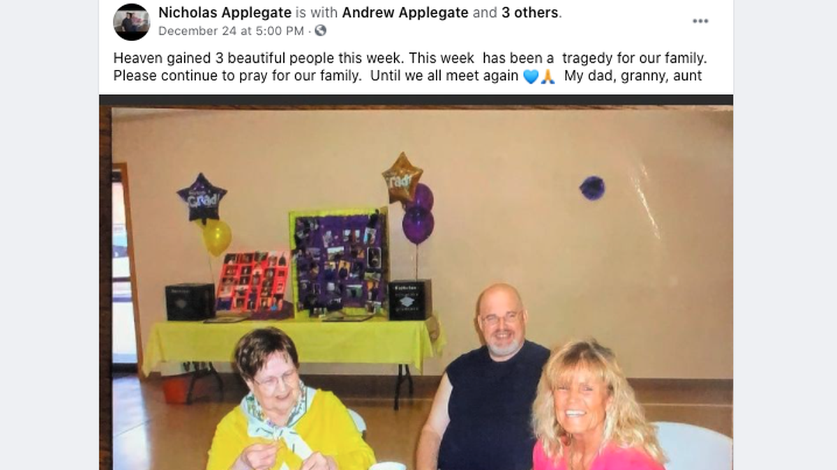 Nicholas Applegate shared news on Facebook that his father Jim Applegate (center), grandmother Pat Applegate (left) and aunt Marijane Crofford (right) died within a week of one another of COVID-19.