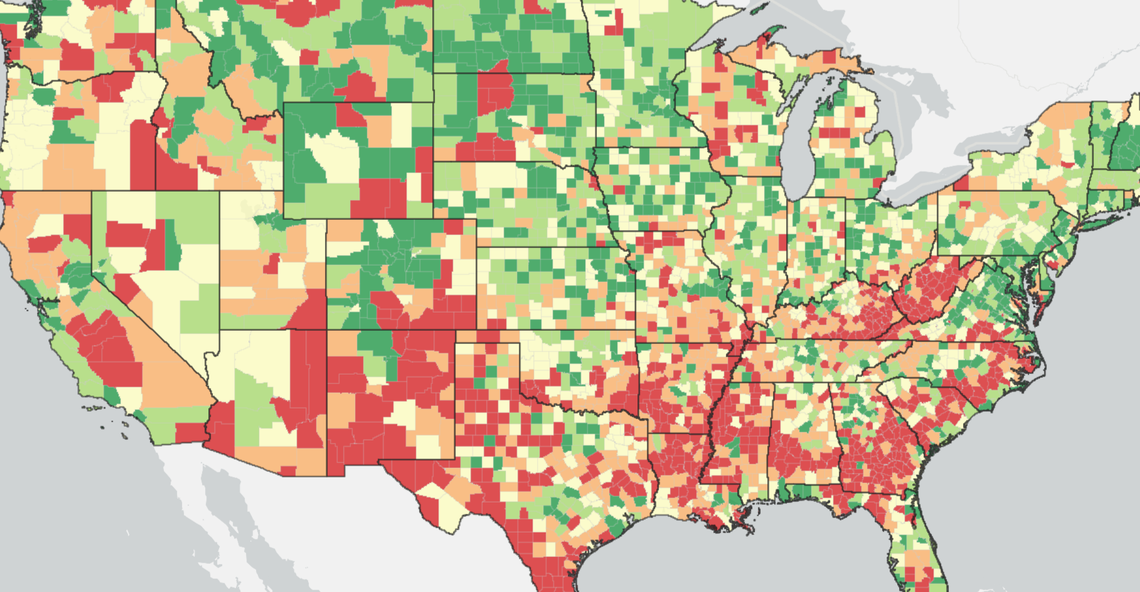 The Veterinary Care Accessibility Project shows both access and affordability to veterinary care, which turns red in more rural areas where vet care is lacking.