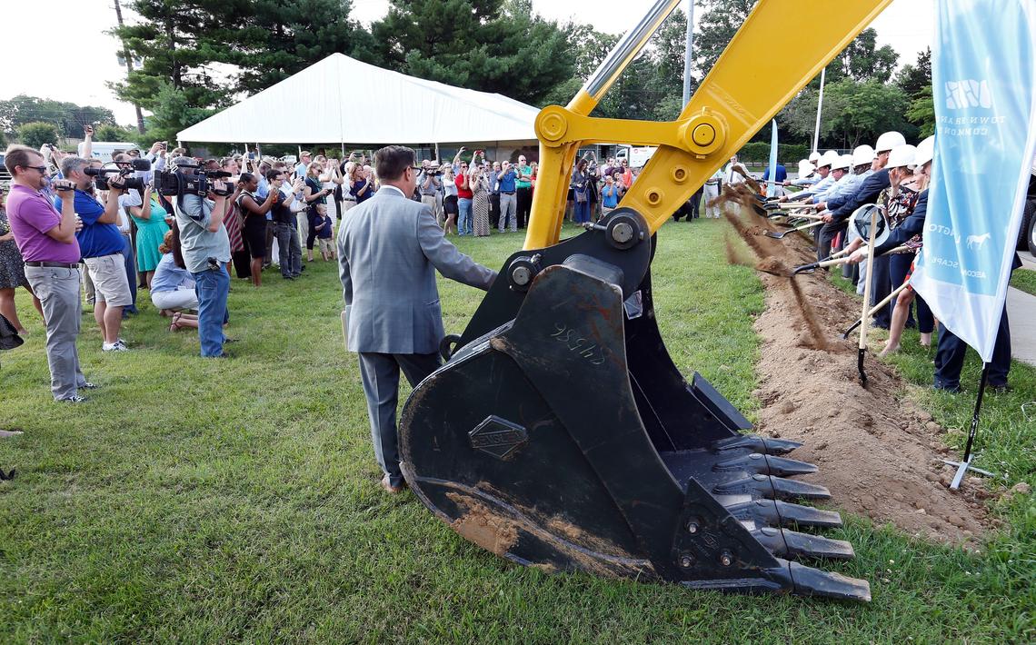 Mayor Jim Gray, Congressman Andy Barr and others, tossed dirt during a groundbreaking ceremony for Town Branch Commons held Monday morning in Charles Young Park. Town Branch Commons will be a strip of Bluegrass running through downtown Lexington. This winding park and trail system will roughly follow the path of Town Branch, Lexington's first water source, which is located in a culvert under modern-day Vine Street.