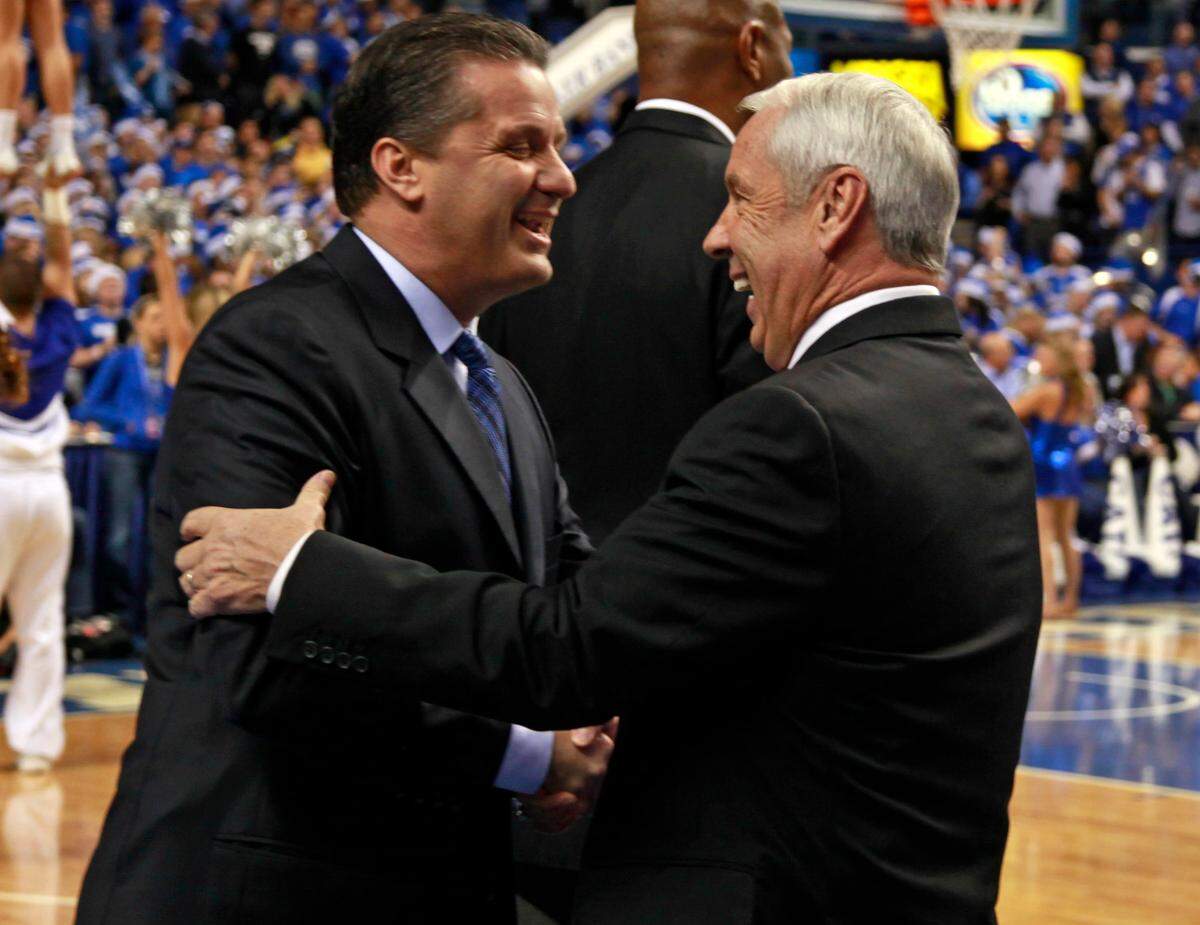 John Calipari greeted Roy Williams before before No. 1 Kentucky’s 73-72 win over No. 5 North Carolina in Rupp Arena in 2011-12.