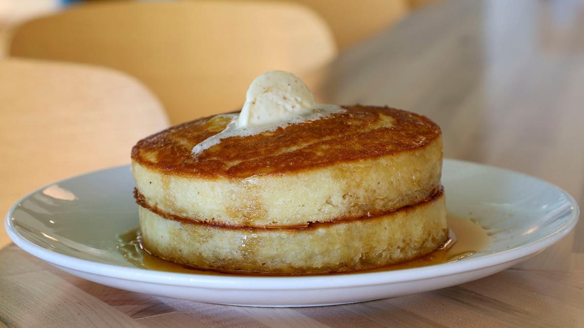 Buttermilk Pancakes at Beau’s Cafe in Lexington, Ky are made with Weisenberger Mill flour, orange zest, homemade bourbon maple syrup and whipped brown butter.