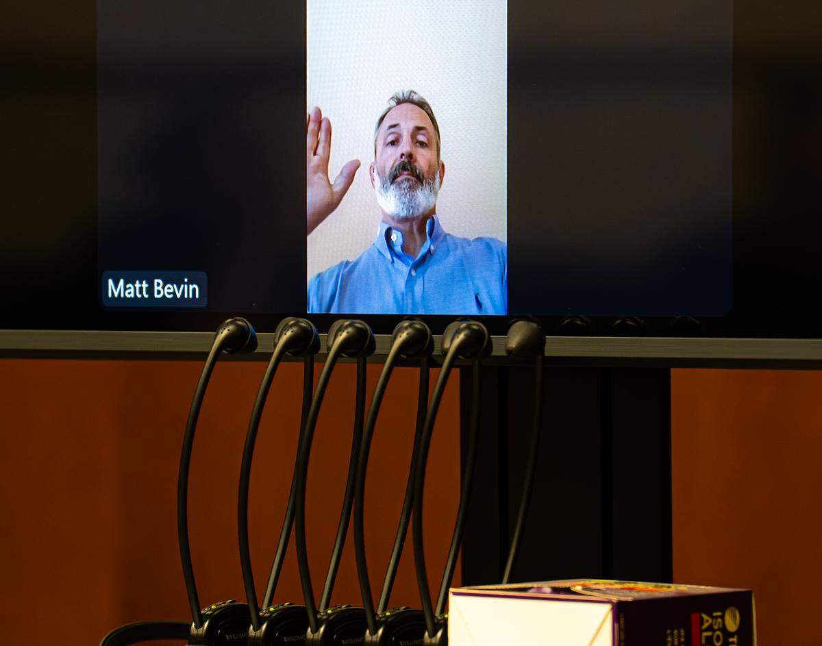 Former Kentucky Gov. Matt Bevin appears via Zoom during a contempt of court sentencing hearing in Jefferson Family Court in Louisville, Ky., on May 29, 2026. 