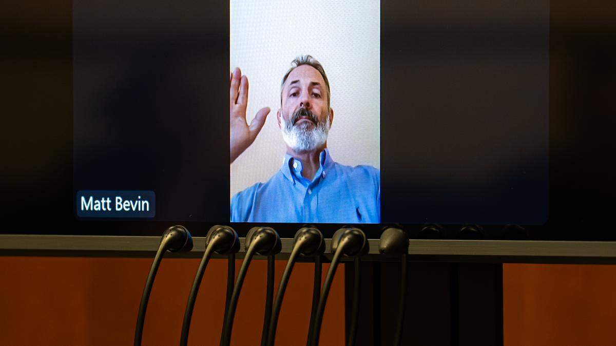 Former Kentucky Gov. Matt Bevin appears via Zoom during a contempt of court sentencing hearing in Jefferson Family Court in Louisville, Ky., on May 29, 2026. Judge Angela Johnson sentenced Bevin to 14 days in jail or a $250 fine after finding him in contempt of court for failing to turn over financial documents tied to his adopted son’s request for retroactive child support.