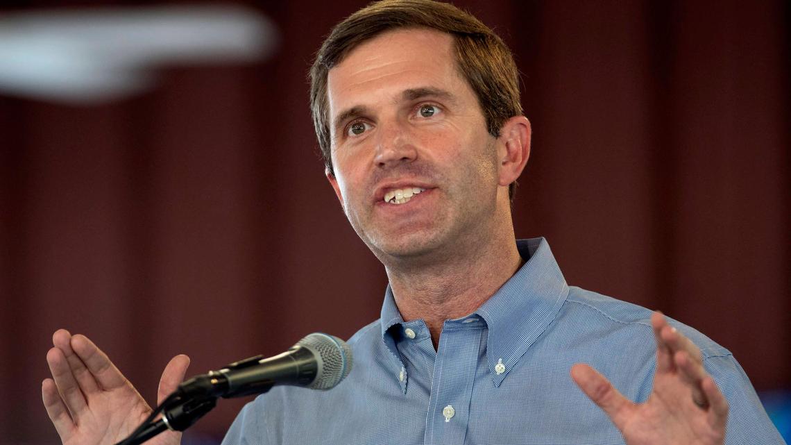 Kentucky Democratic nominee for governor Andy Beshear speaks Saturday, August 3, 2019, at the St. Jerome Parish Picnic in Fancy Farm. Ky.