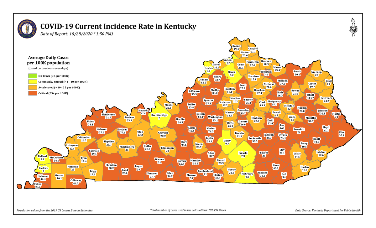 Sixty-four of Kentucky’s 120 counties had critical spread of COVID-19 on Oct. 28, 2020.
