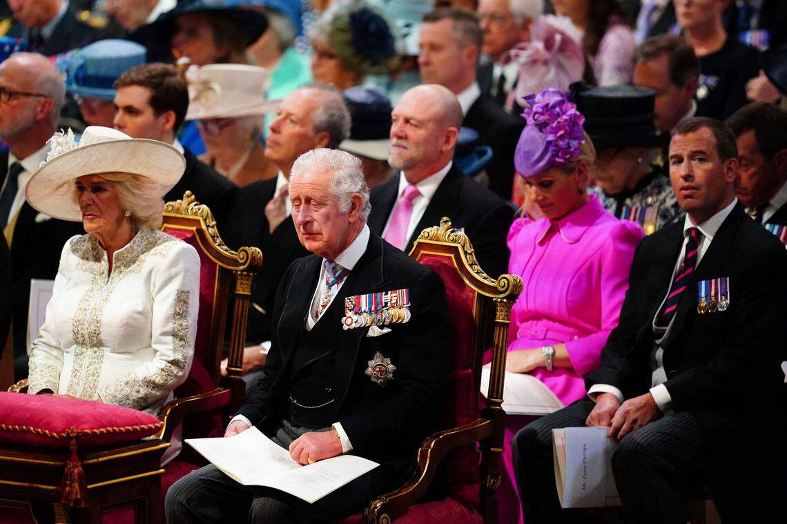 At front Camilla, Duchess of Cornwall and Prince Charles, with, back row from left, Viscount Linley, Mike Tindall, Zara Tindall and Peter Phillips attend the National Service of Thanksgiving held at St Paul’s Cathedral as part of celebrations marking the Platinum Jubilee of Britain’s Queen Elizabeth II, in London, Friday, June 3, 2022. Tindall (nee Phillips), niece of Charles, will compete in this weekend’s Land Rover Kentucky Three-Day Event at the Kentucky Horse Park in Lexington.