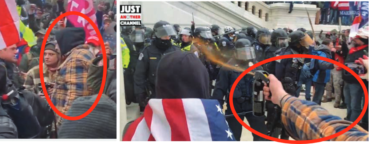 An FBI agent said this photo shows Peter Schwartz, in the checked jacket at left, in the crowd at the U.S. Capitol on Jan. 6, 2021 and allegedly spraying a chemical irritant at police.