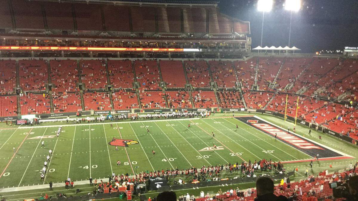 The Cardinal Stadium crowd at kickoff for Saturday night’s Louisville-Western Kentucky game. Attendance was limited to 20 percent capacity because of COVID-19 guidelines. Louisville won 35-21.