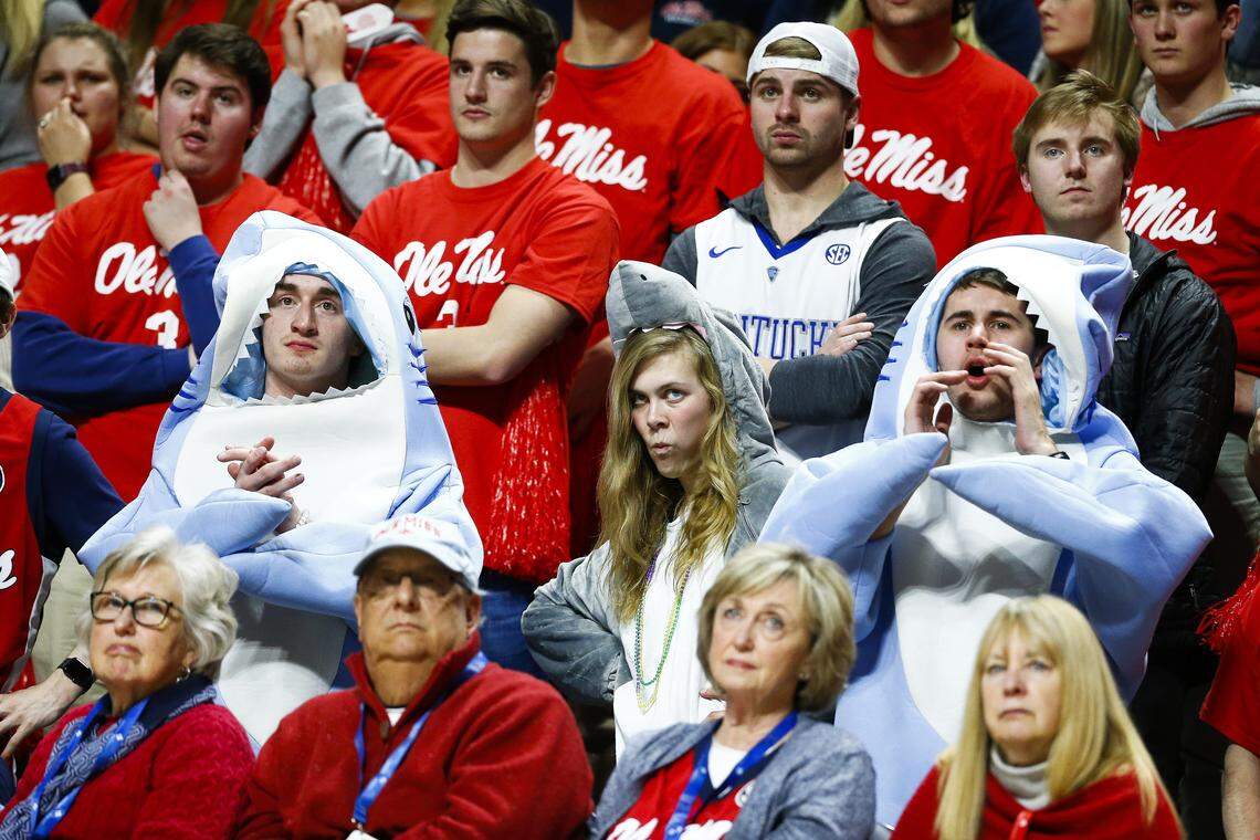 Mississippi Rebels fans reacted late in the second half during their game against the Kentucky Wildcats at The Pavilion at Ole Miss in Oxford, Miss., Tuesday, March 5, 2019. Kentucky beat Mississippi 80-76.