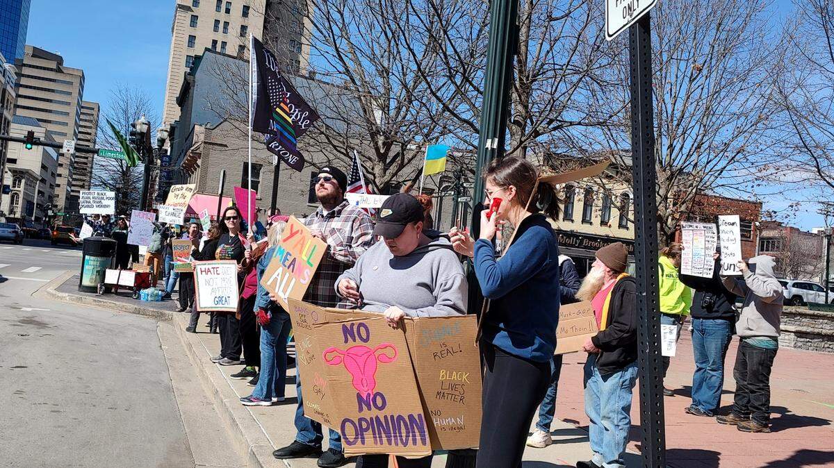 Protesters gathered outside the courthouses in downtown Lexington, Ky., on International Women’s Day on Saturday.