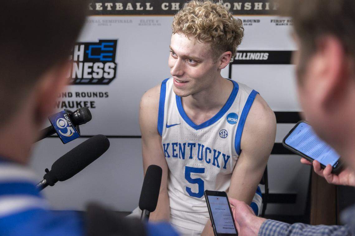 Freshman guard Collin Chandler talks to members of the media following Kentucky’s first-round NCAA Tournament victory against Troy at Fiserv Forum in Milwaukee on Friday.