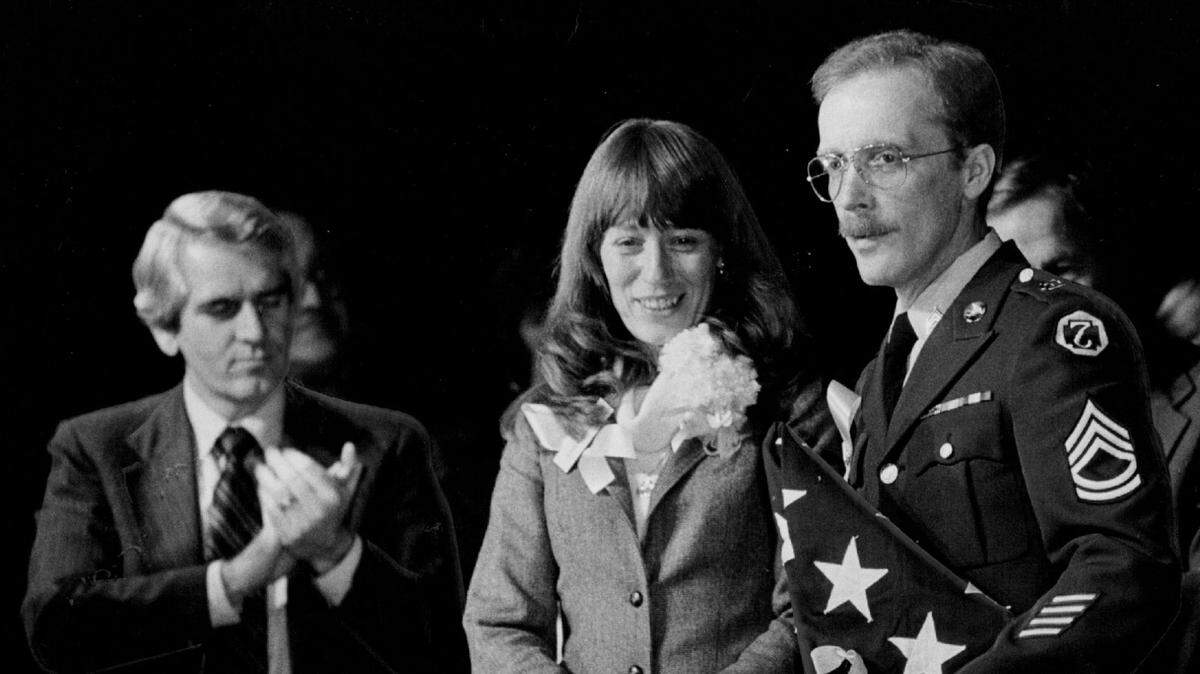 Ex-hostage Don Hohman stands next to his wife Anna Hohman during a reception at the state Capitol in Sacramento, Calif., on Feb. 5, 1981, after the 39-year-old Army medic returned from being held hostage in Iran. Don Hohman grew up in West Sacramento, and he was honored with a hometown parade the next day.