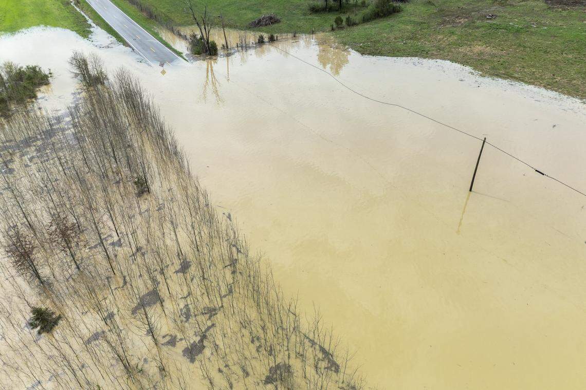 Water floods Kentucky Route 39 near Crab Orchard in Lincoln County, Ky., on Friday, April 4, 2025.