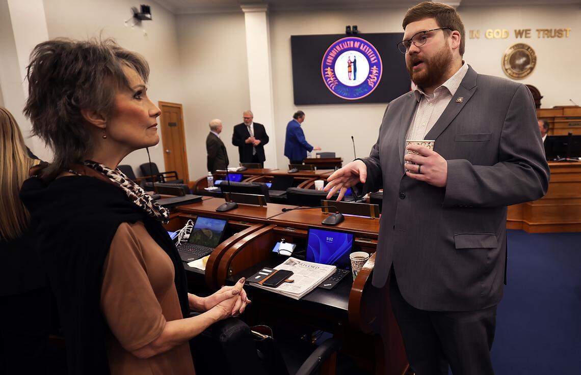 Rep. Kim King, R-Harrodsburg, confers with Rep. Mitch Whitaker, R-Fleming-Neon, on Feb. 27, 2026.