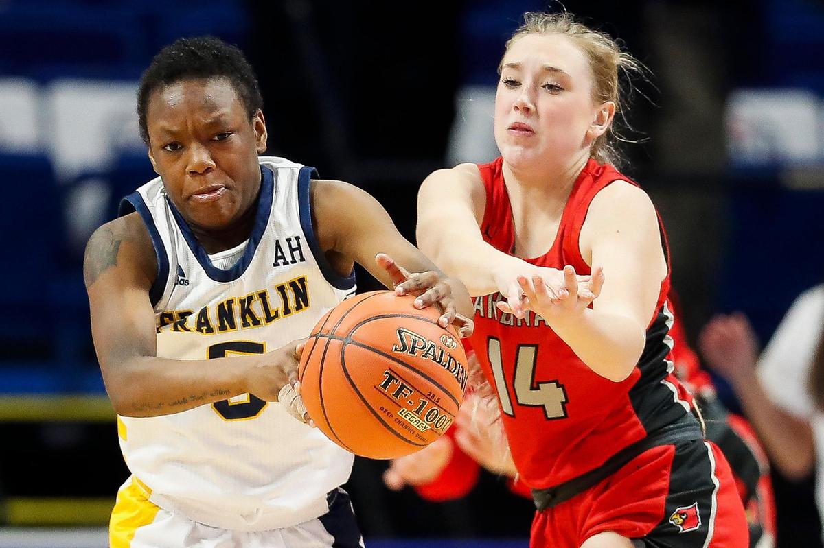 Franklin County’s Nevaeh Carter (5) steals the ball from South Laurel’s Kylie Clem (14). The Flyers forced 28 turnovers.