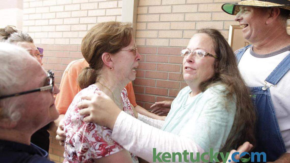 Kim Davis hugged her mother Jean Bailey after being released from the Carter Co. Detention Center, Sept. 8, 2015. Photo by Pablo Alcala | staff