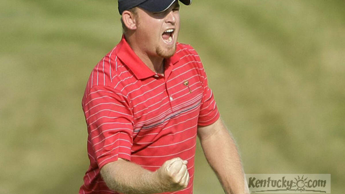 J.B. Holmes celebrated after winning a match during the 2008 Ryder Cup at Valhalla G.C. in Louisville.