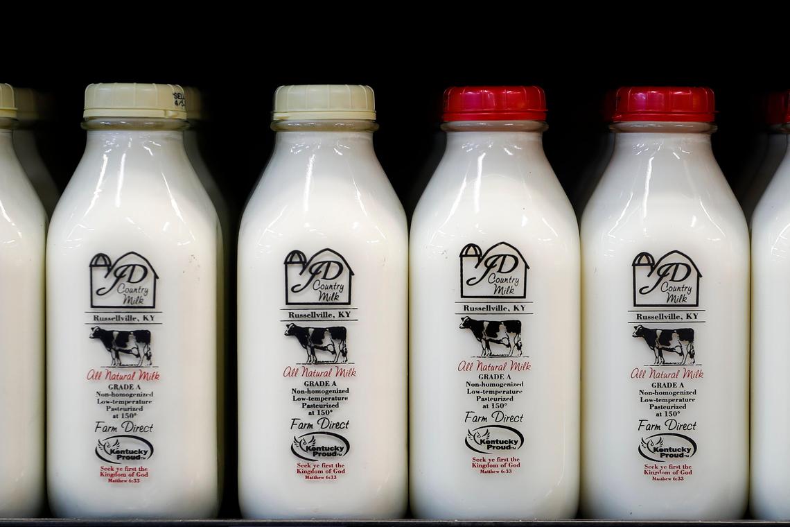 Bottles of milk from JD Country Milk located in Russellville, sit for sale at Wednesday Good Foods Co-op.