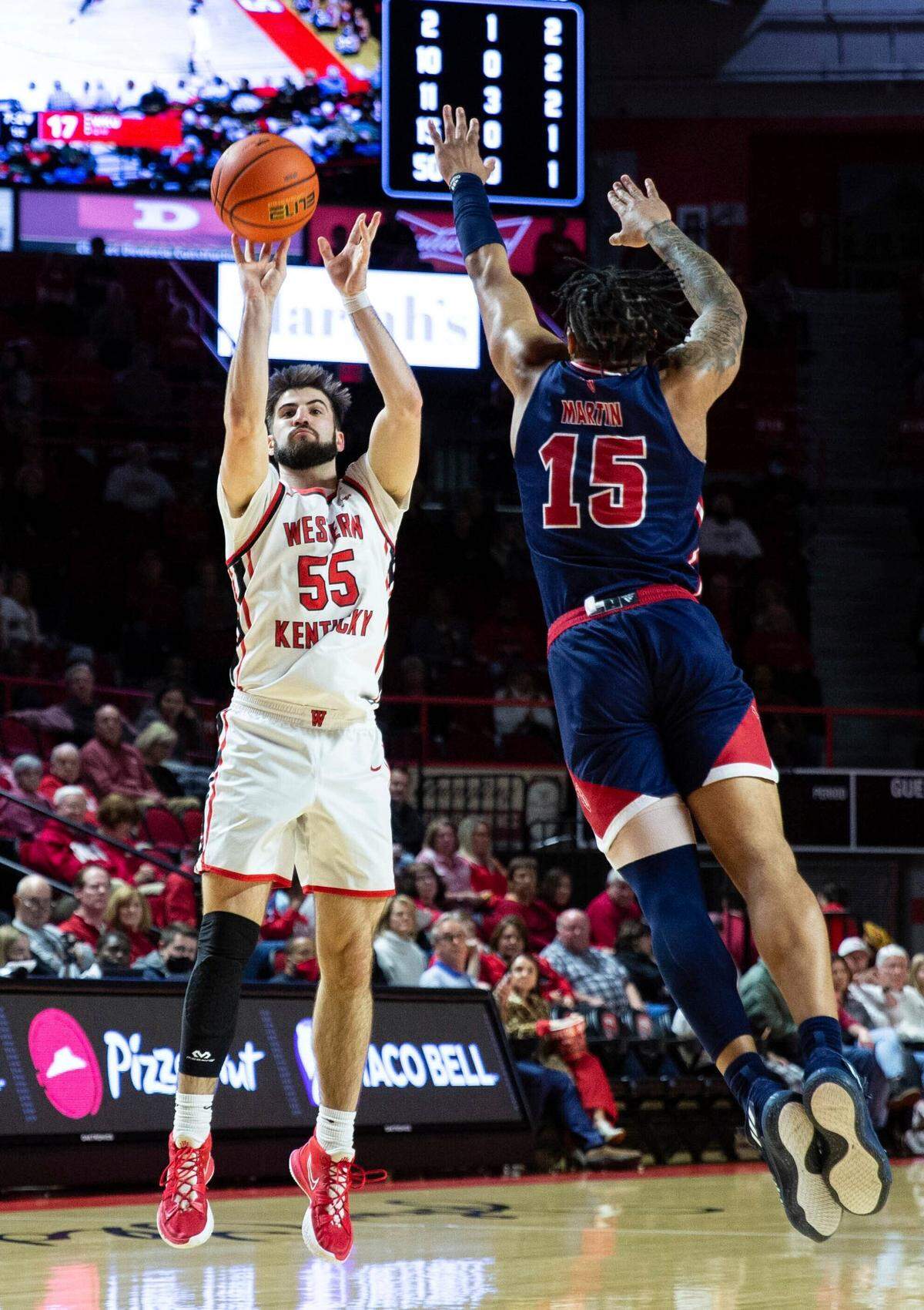 Western Kentucky guard Camron Justice (55) has made 39.7 percent of his three-point tries for the Hilltoppers this season.