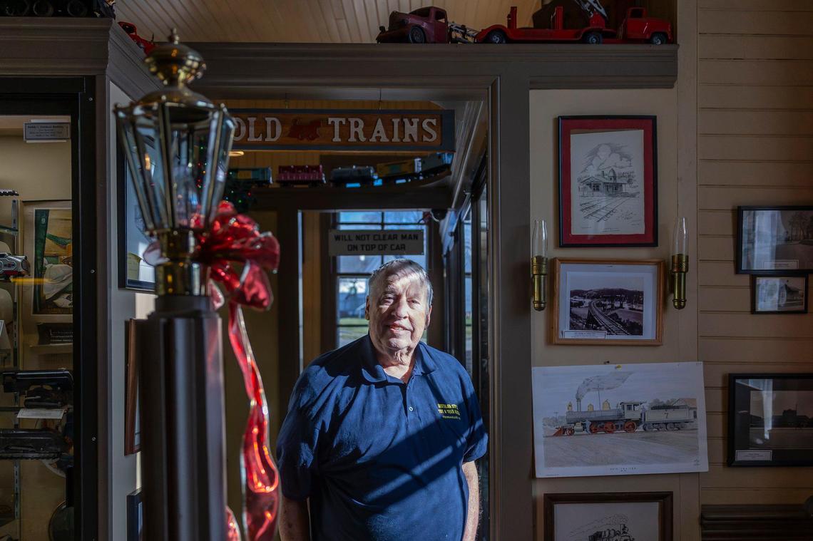 Winfrey Adkins is photographed at Nostalgia Station Toy Museum in Versailles, Ky., on Friday, Jan. 3, 2025. The museum, operated by Adkins and his wife, Wanda, has thousands of pieces, with the oldest in the collection dating back to the 1880s. The displays offer a look at the evolution of miniature trains and the technology that powers them.