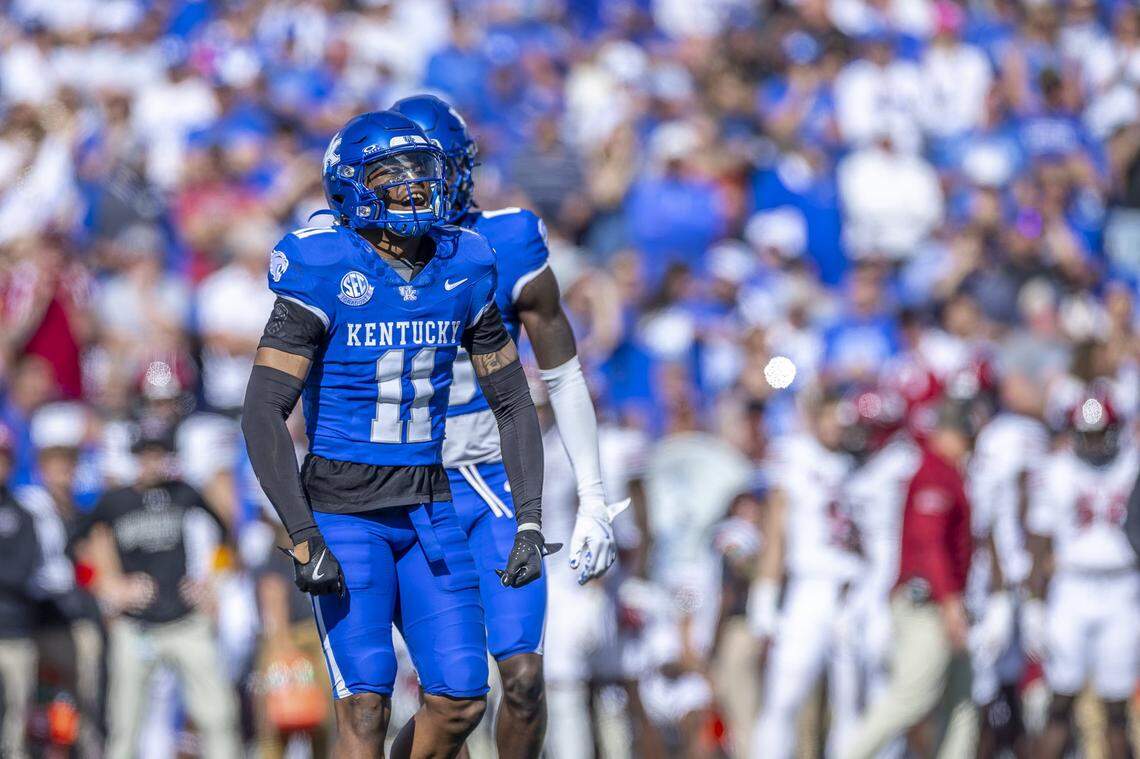 Kentucky strong safety Zion Childress (11) made five tackles, three tackles for loss, had a quarterback sack and forced a fumble for the Wildcats in UK’s 31-6 loss to South Carolina last week.