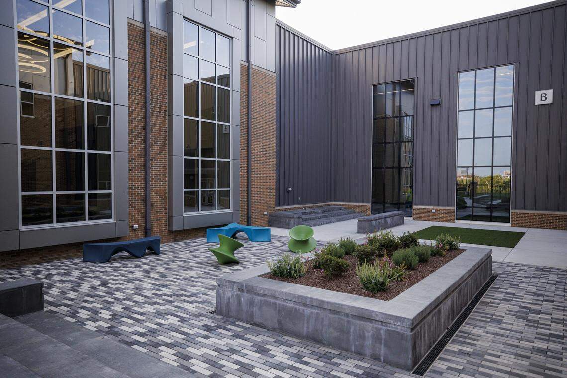 An outdoor classroom, also known as a flex space, in the school courtyard on Monday, Aug. 11, 2025, at Mary E. Britton Middle School in Lexington, Ky.