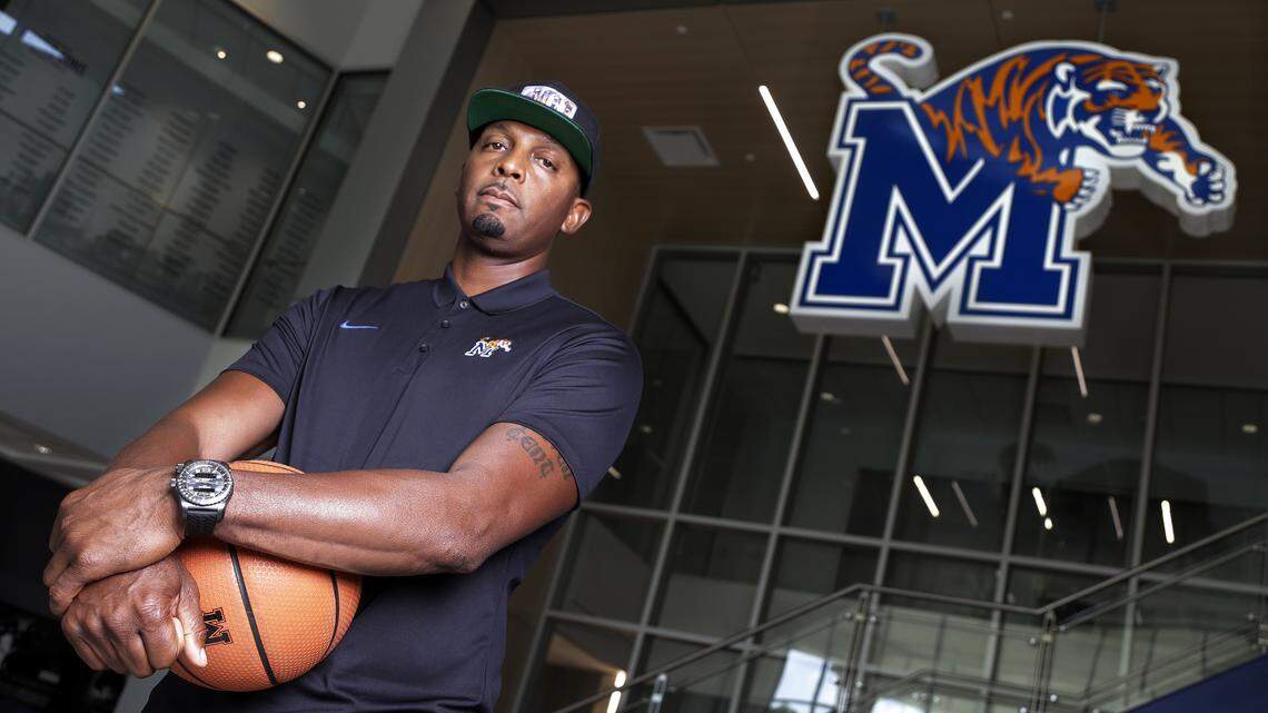 Memphis basketball coach Penny Hardaway poses in the school’s basketball offices.
