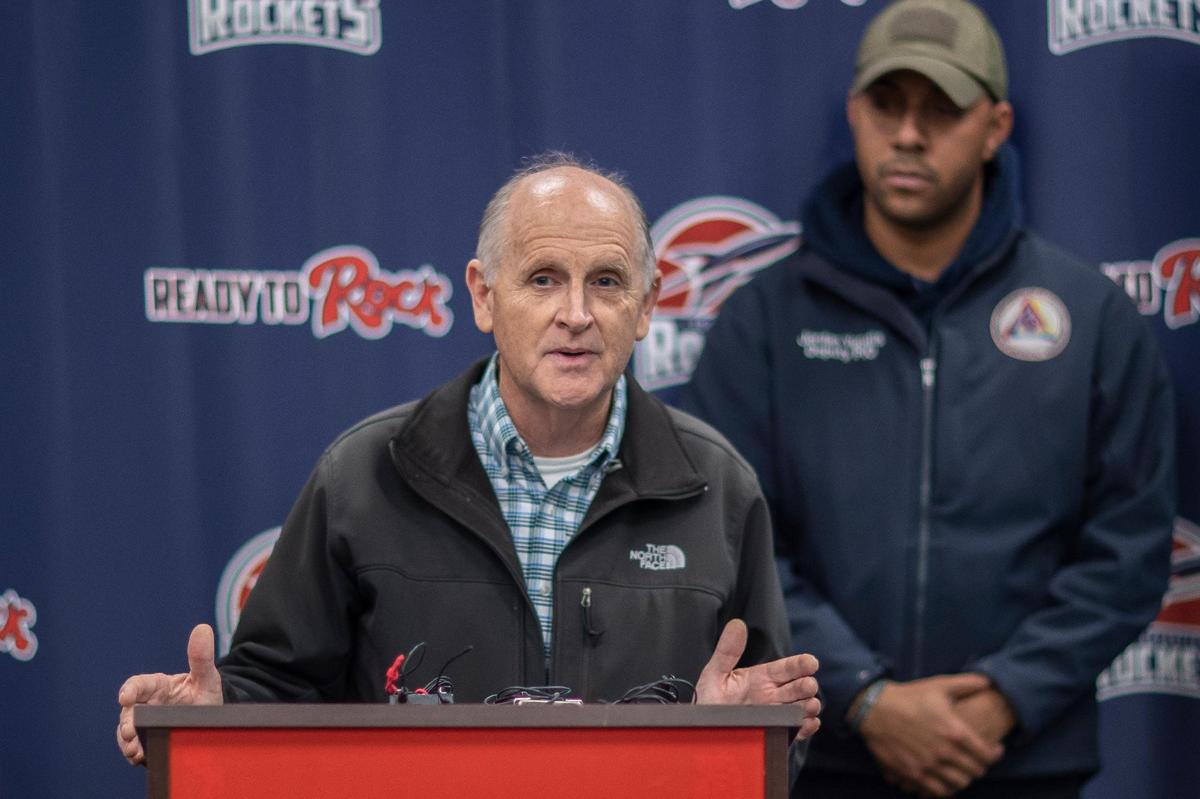Rockcastle County Judge-Executive Howell Holbrook speaks during a press conference at Rockcastle Middle School in Mt. Vernon, Ky., on Friday, Nov. 24, 2023.