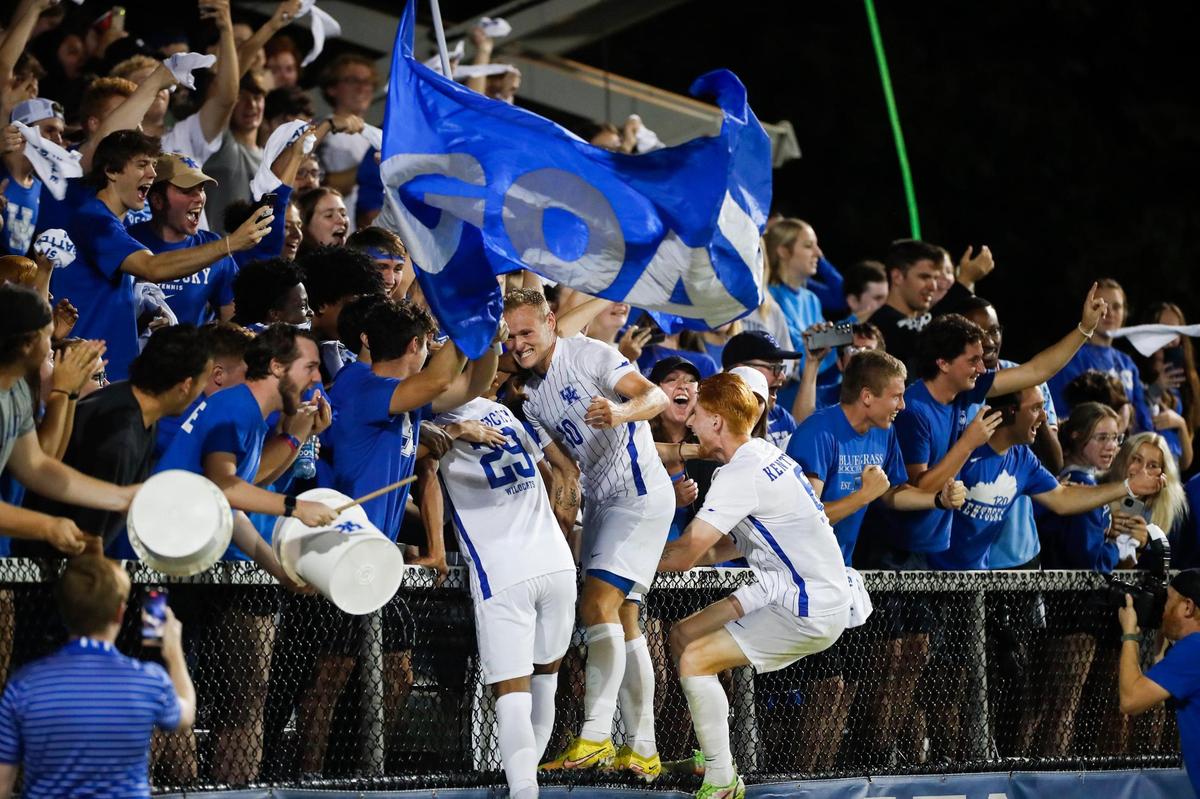 Kentucky midfielder Casper Grening (10) celebrates scoring against Louisville in the second half of Tuesday night’s win in Lexington, the Wildcats’ third victory in a row over the Cardinals.