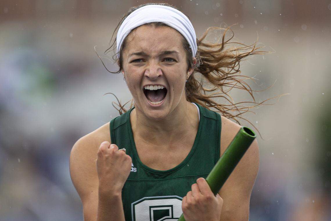 Genarose Jones, of Owensboro Catholic, celebrates after crossing the finish line in first place in the girls 4x100-meter relay at the 2019 KHSAA Track & Field State Championships at the UK Track and Field complex Thursday, May 30, 2019.
