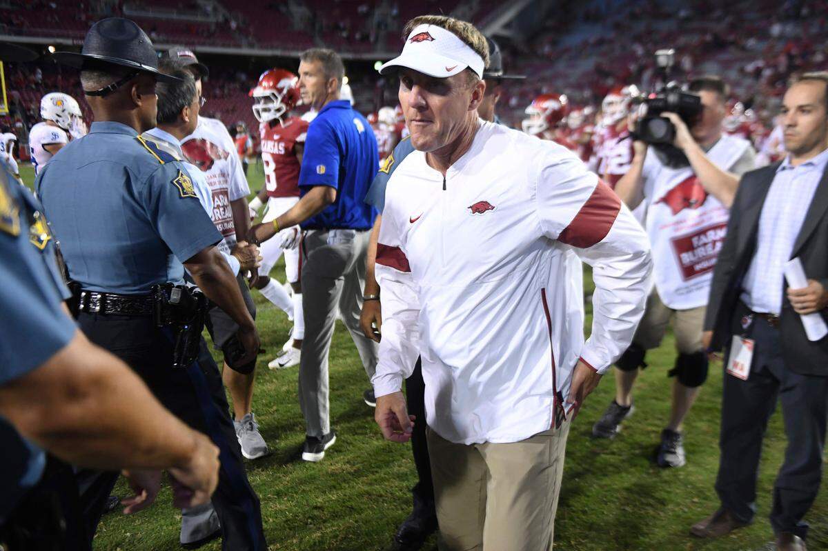 Arkansas Coach Chad Morris left the field following the Razorbacks' 31-24 loss to San Jose State on Sept. 21. Through five games of his second season at Arkansas, Morris is 4-13, 0-10 in the SEC.