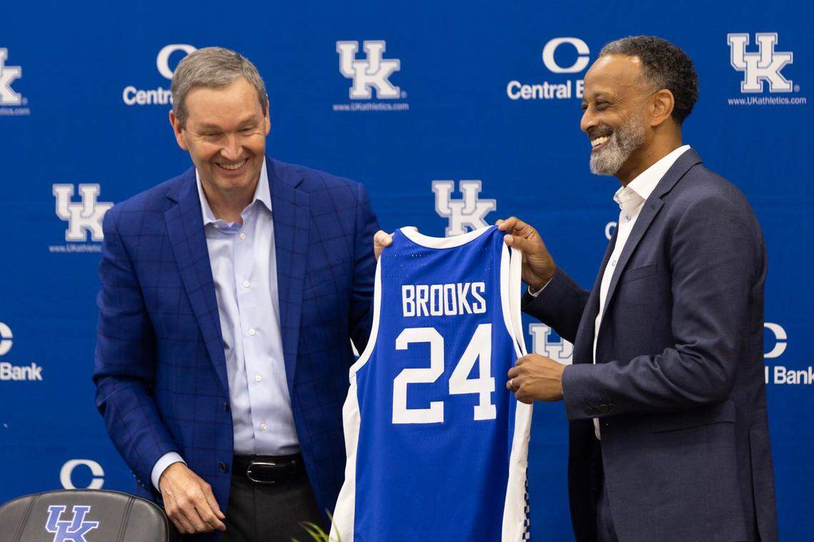 Kentucky athletics director Mitch Barnhart introduced Kenny Brooks as the Wildcats’ new women’s basketball coach in March.