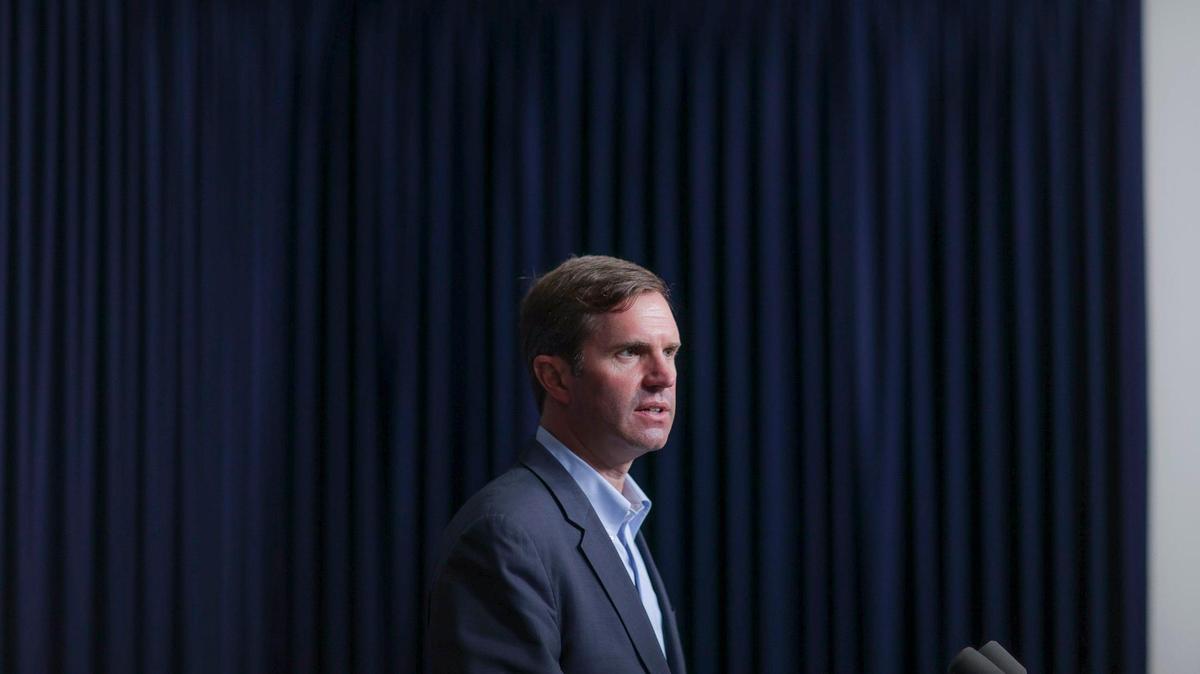 Kentucky Gov. Andy Beshear speaks during a media briefing about the COVID-19 pandemic at the state Capitol in Frankfort, Ky., on Monday, Aug. 23, 2021.