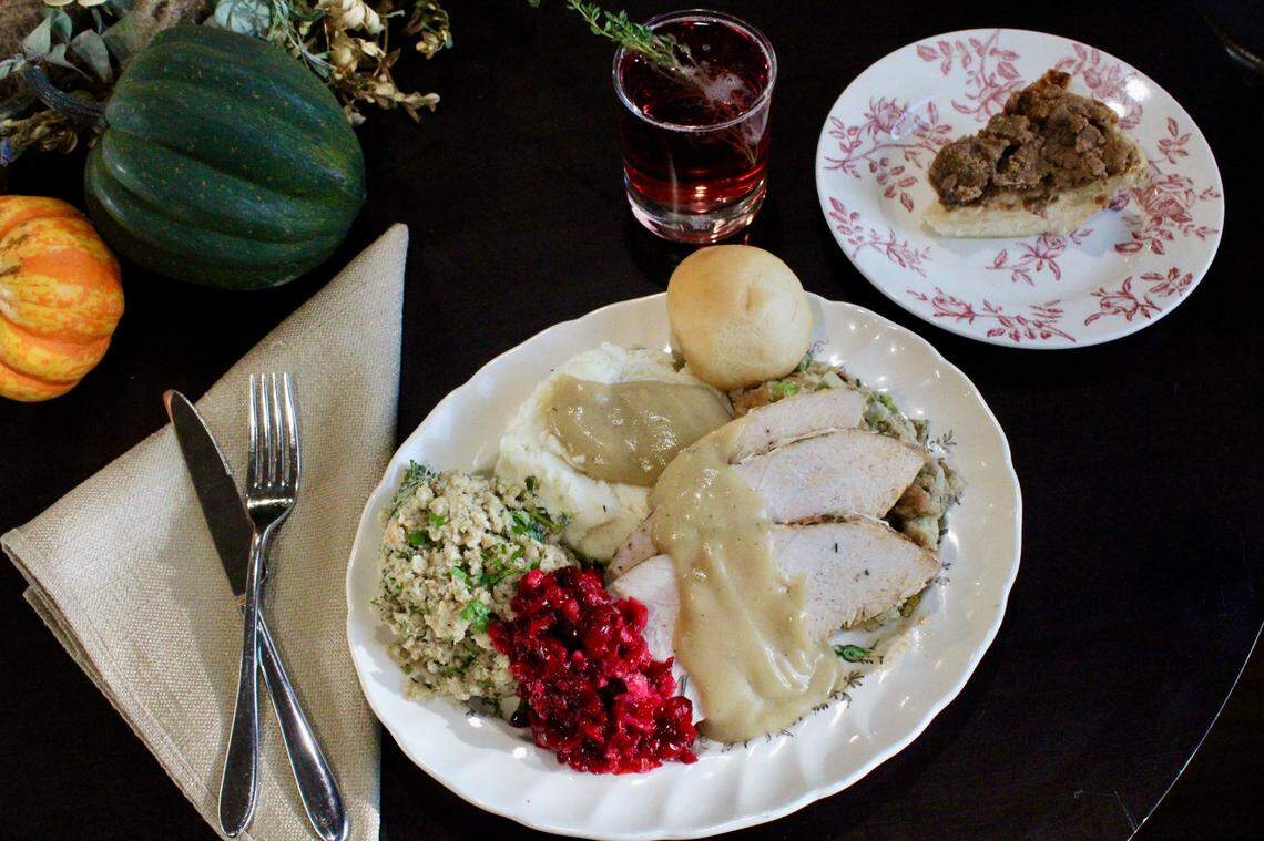 Holly Hill and Co. Thanksgiving dinner to go includes turkey, mashed potatoes and gravy, spinach casserole, rolls, cranberry relish and pie.