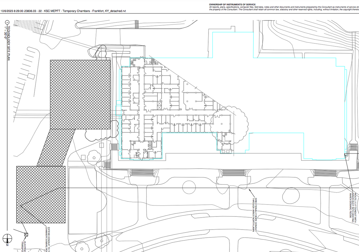 A rendering of the proposed footprint for temporary House and Senate chambers to be constructed on the state Capitol campus, adjacent to the Capitol Annex building.