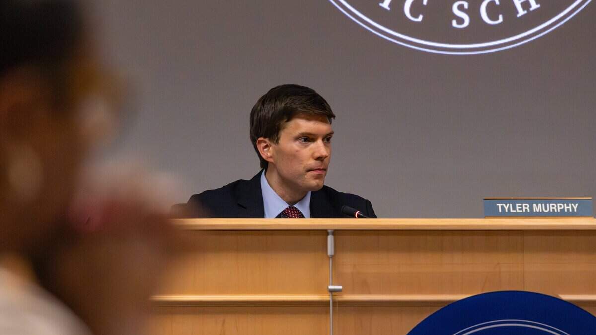 Fayette County Board of Education Chair Tyler Murphy shares the votes on various motions following the special closed session meeting held at the John D. Price Administration Building on June 10, 2026, in Lexington, Ky. The purpose of the meeting was to address confusion surrounding a resignation notice sent via email from Superintendent Demetrus Liggins to Murphy