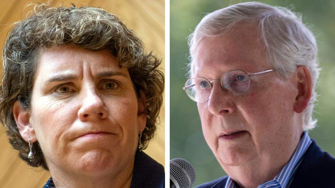 U.S. Senate Majority Leader Mitch McConnell, the Republican, right, will face and Amy McGrath, the Democrat, in the November general election.