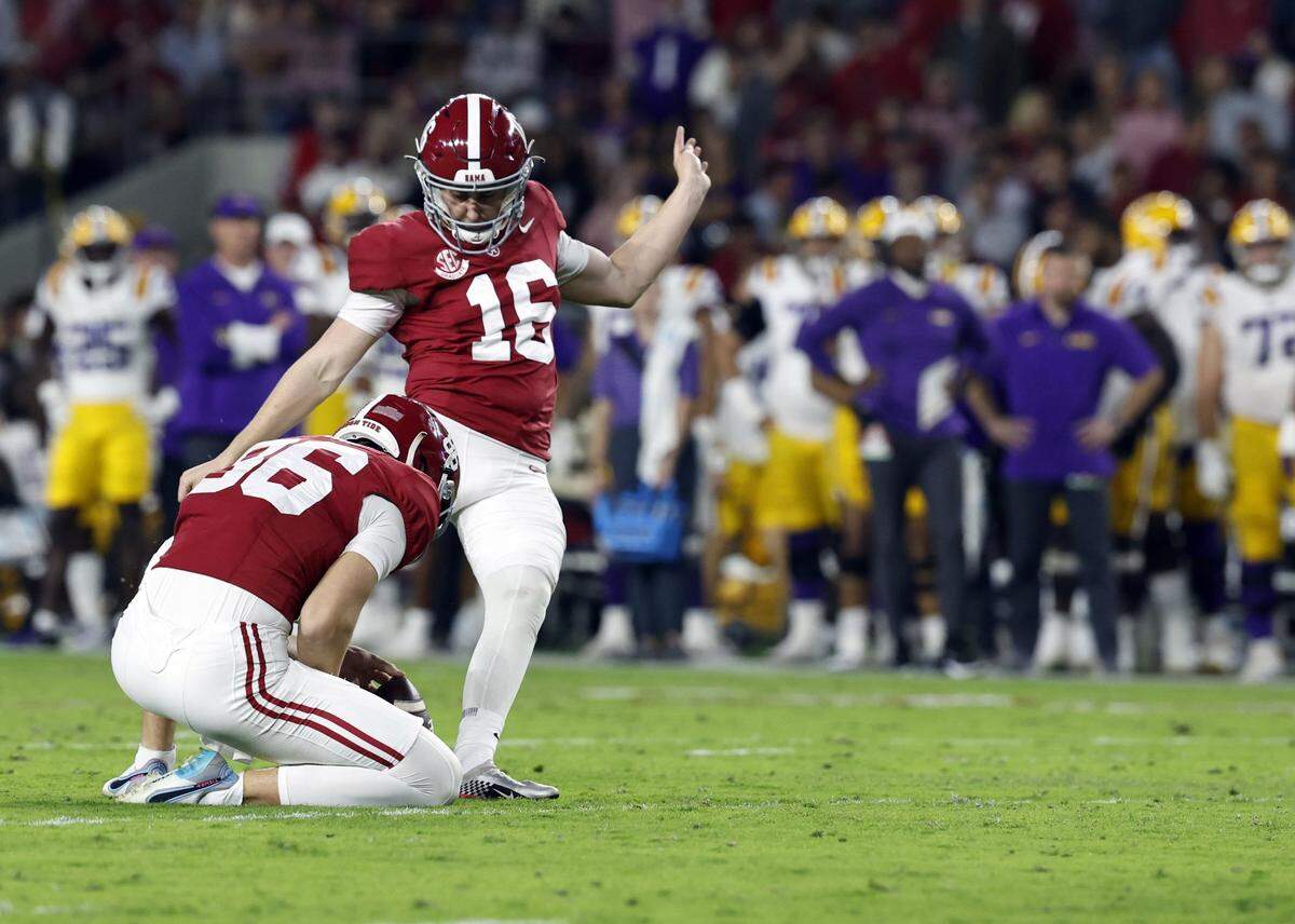 Alabama’s Will Reichard (16) is one of the most consistent place-kickers in college football.